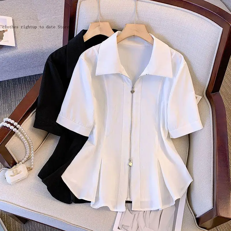 Double Zipper Square Neck Shoulder Short Sleeved Women's Summer High-End Temperament Waist Cinching Shirt