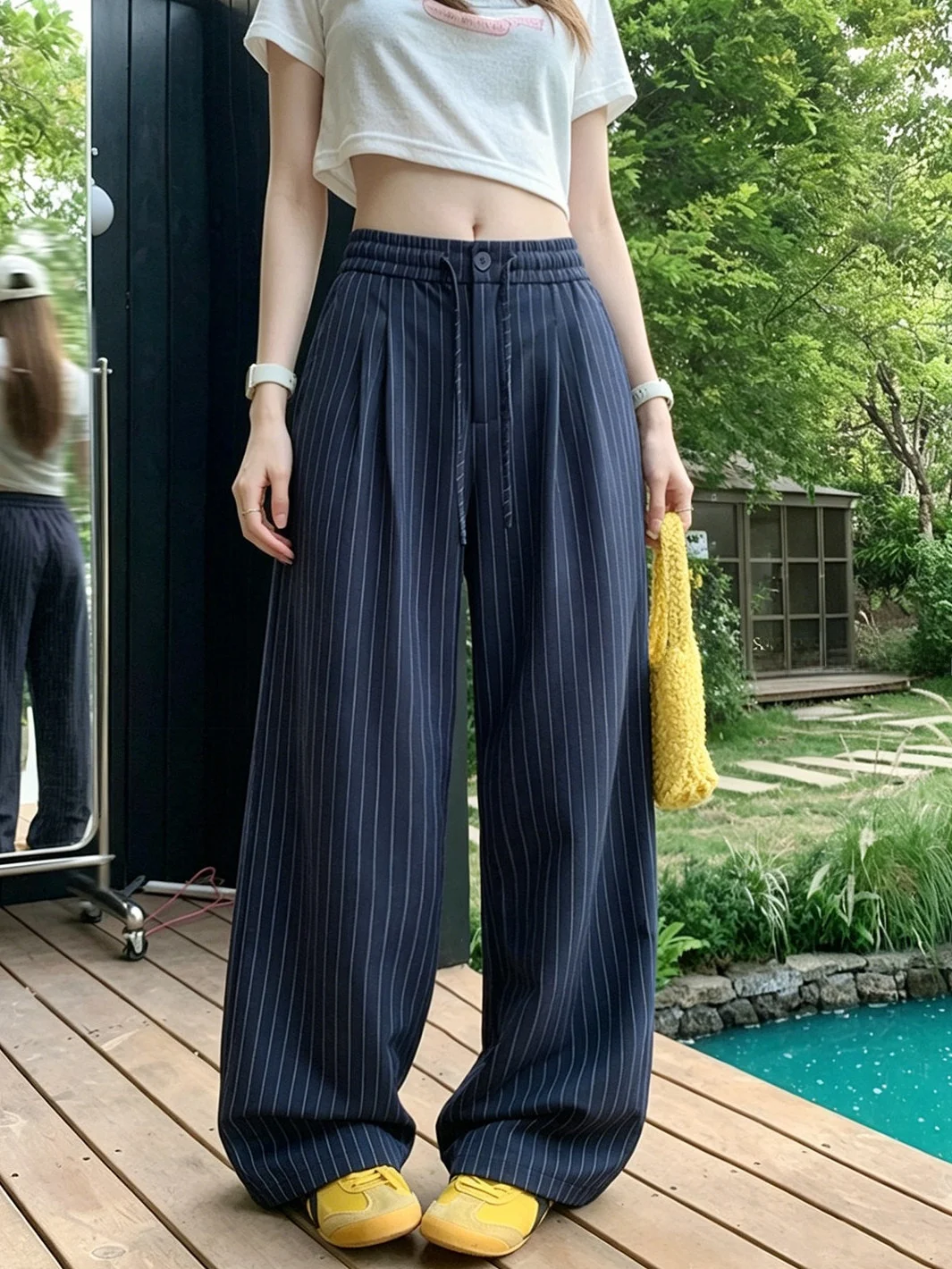 

Casual Loose Women's Drawstring Stripe Drapey Summer Pants High Waist Wide Leg Long Trousers Fashionable plus Size Slimming