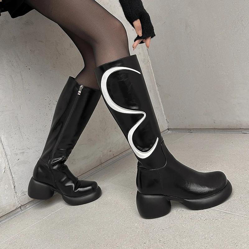 Dropshipping Punk Style Color Matching Knight Boots Thick Sole Heightening Round Head Zipper Boots Leather Custom Women's Boots