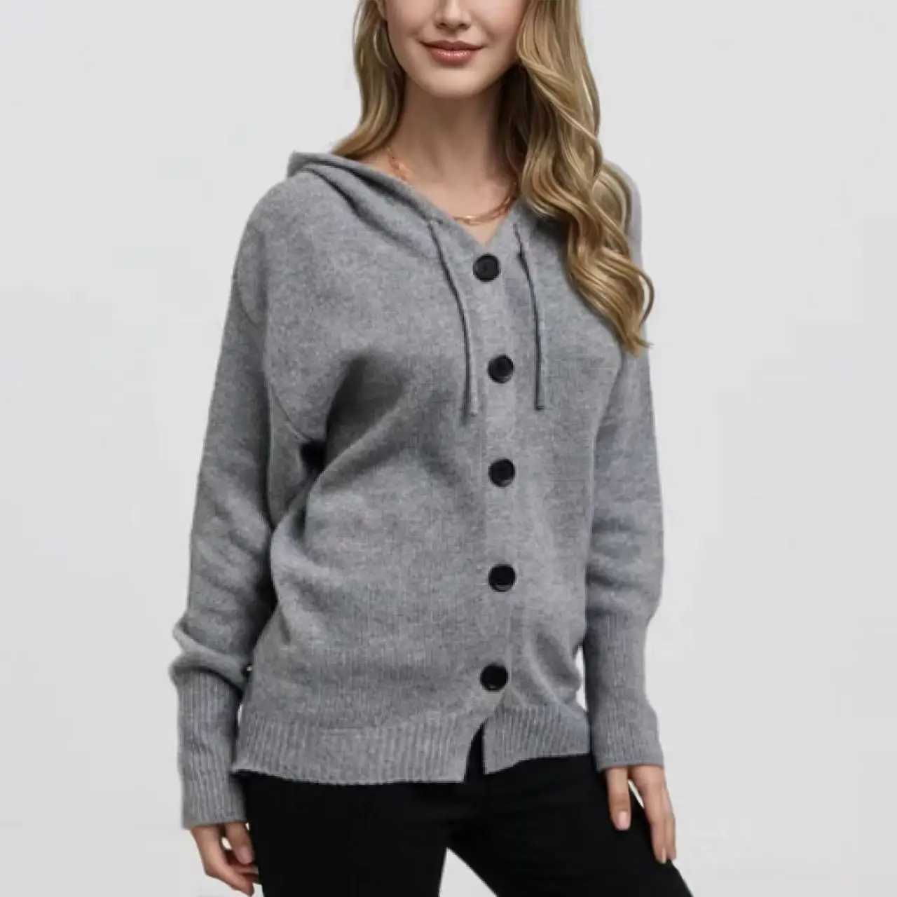 New Fashion Women Hooded Knit Cardigan Drawstring Collar Single Button Long Sleeve Loose Casual Knit Sweater Coat