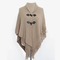 Spring Autumn New Style Shawl Cape Tassel Ox Horn Buckle Solid Color Irregular Double-Layer Tassel Cloak Shawl Sunscreen Coffee