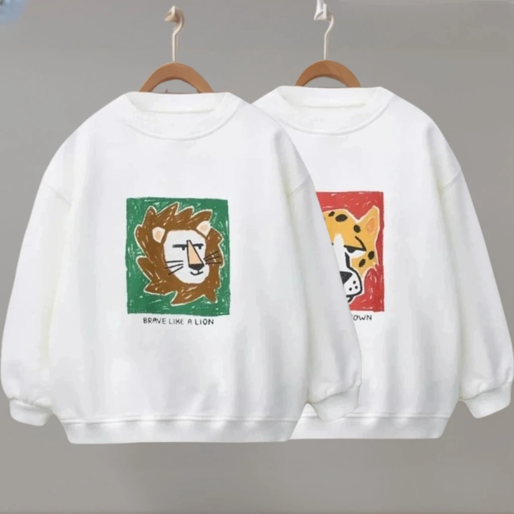 

Kids' White Round Neck Sweatshirts Lion Cheetah Print Casual Tops Brave For Little Ones Popular Fashion Styles Boys Girls Cloth