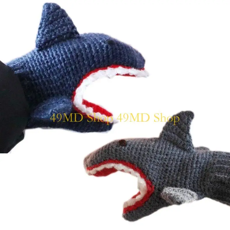 49MD Women Girls Cycling Mittens Windproof Winter Knitted Cartoon Novelty Shark Gloves Thick Warm Hand Wear Keep Warm
