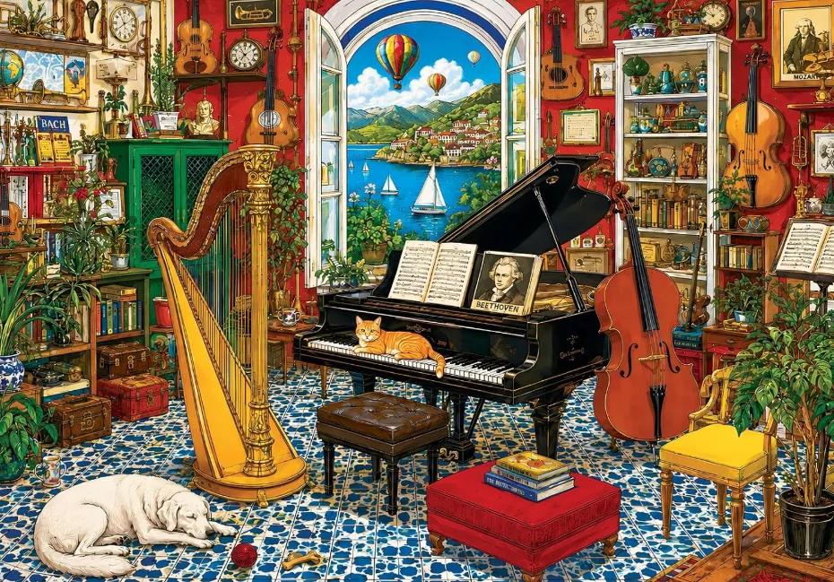 Jigsaw Puzzle 500/1000/1200/2000PCS Antique Music Chamber Musical Instruments Pets Lakeside Window Scene DIY Wall Art Gift