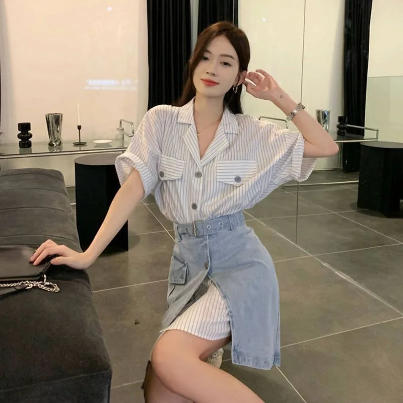 Short Sleeve Mature Skirt Women\'s Two Piece Set Slit Denim Y2k Clothes Formal Event New in The Same Stylish Full Female Outfits