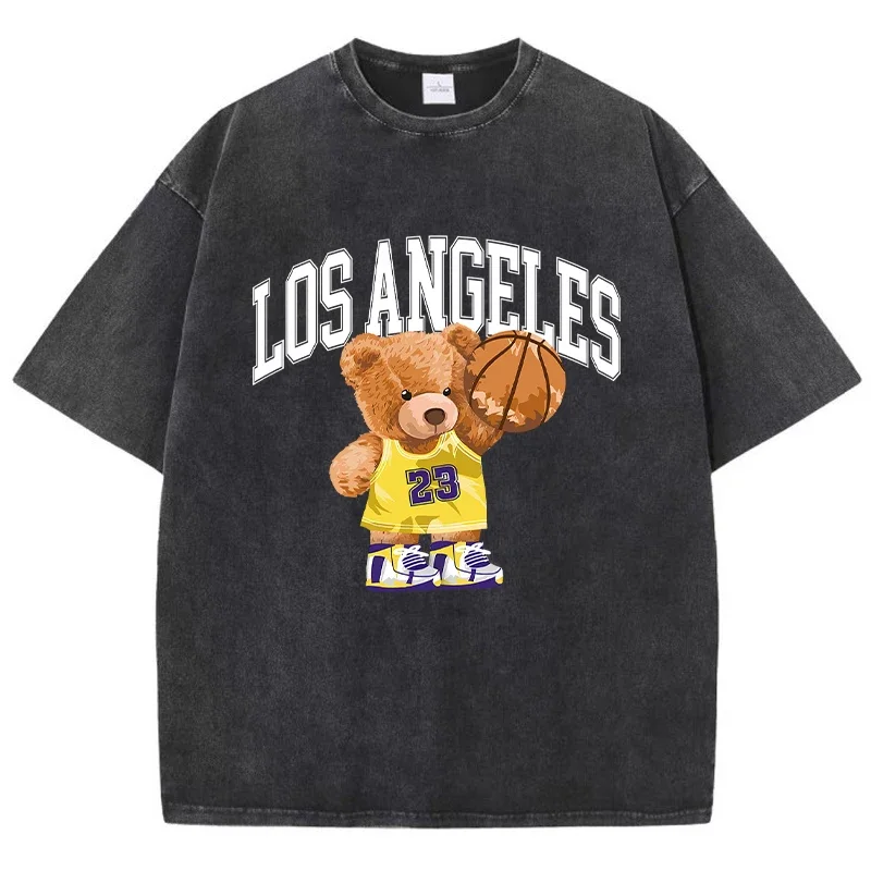 Summer Women Cotton Washed T-Shirt Los Angeles 23 Basketball Teddy Bear Printing Tee Shirt Loose O-Neck Tops Female Clothing