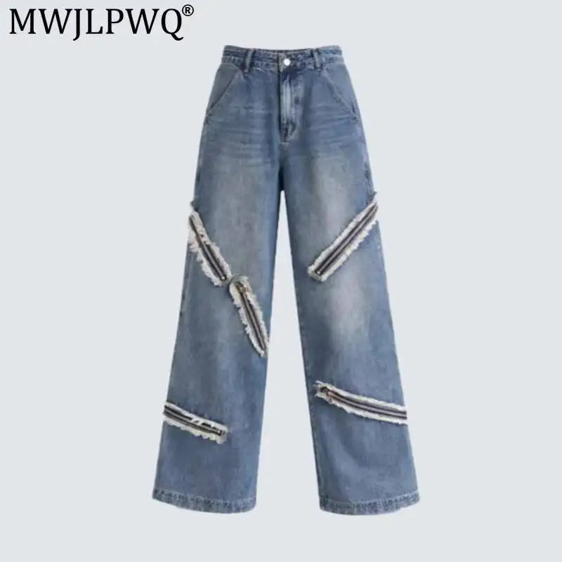 MWJLPWQ New High-Street Frayed Zipper Distressed Jeans For Men Street Fashion Loose Workwear Wide-Leg Trousers 2026 Autumn 20148