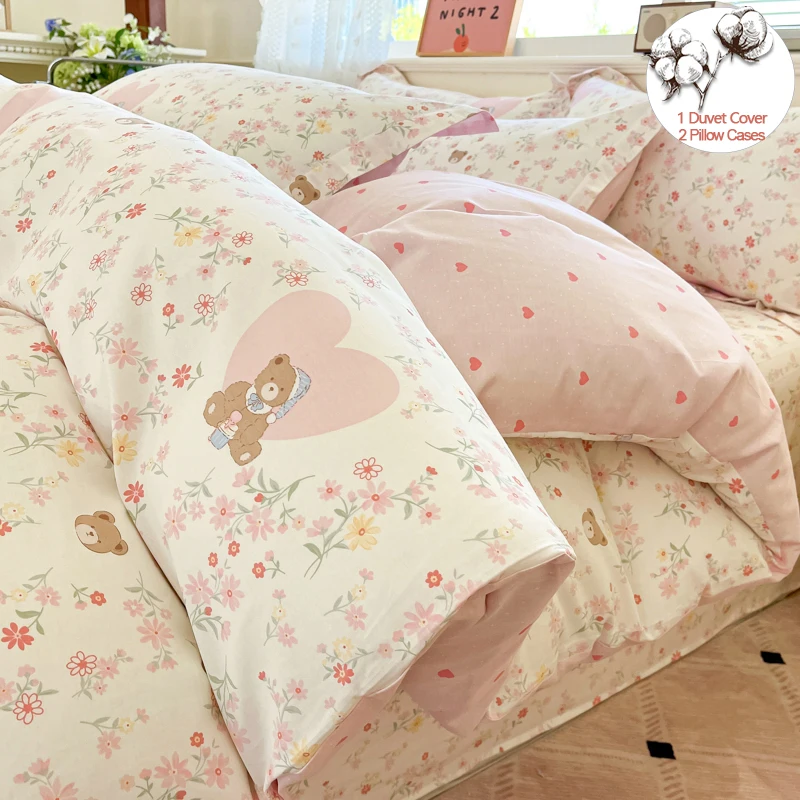 Bedding Set 100% Cotton Duvet Cover Set 3pcs Twin/Full Cartoon Print | Hypoallergenic, 1 Duvet Cover 2 Pillowcases, No Shrink