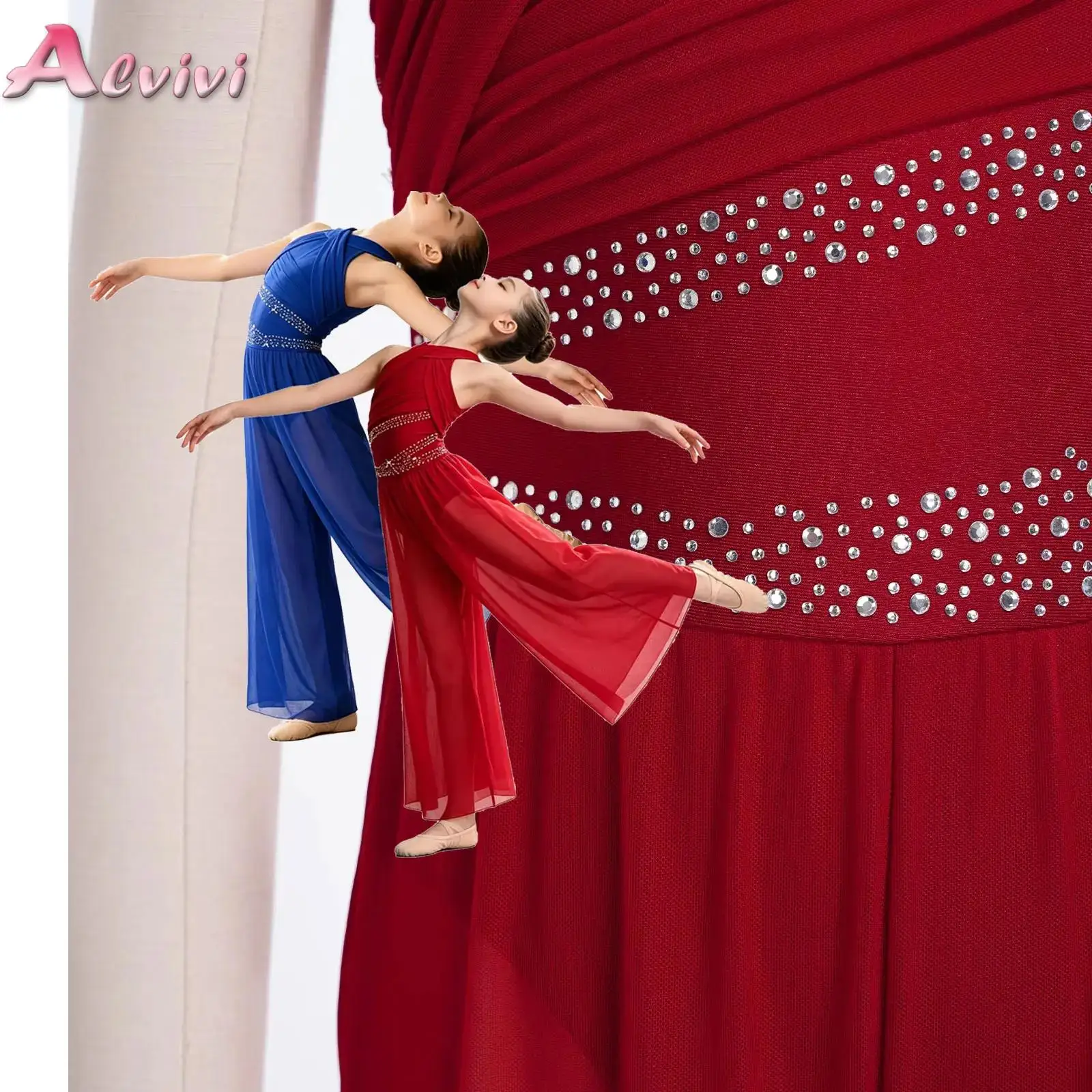 Kids Girls Lyrical Dance Jumpsuit Sleeveless Invisible Zipper Shiny Rhinestone Ruched Bodice Mesh Wide-leg Bodysuit Dancewear