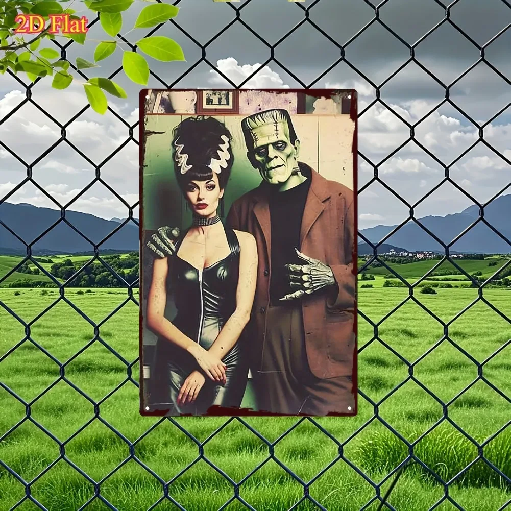 لافتة فنية جدارية معدنية عتيقة ثنائية الأبعاد، قطعة واحدة من Frankenstein - 20 × 30 سم / 8 × 12 بوصة ديكور رعب قوطي حديدي مع زوجين وحش كلاسيكيين #2