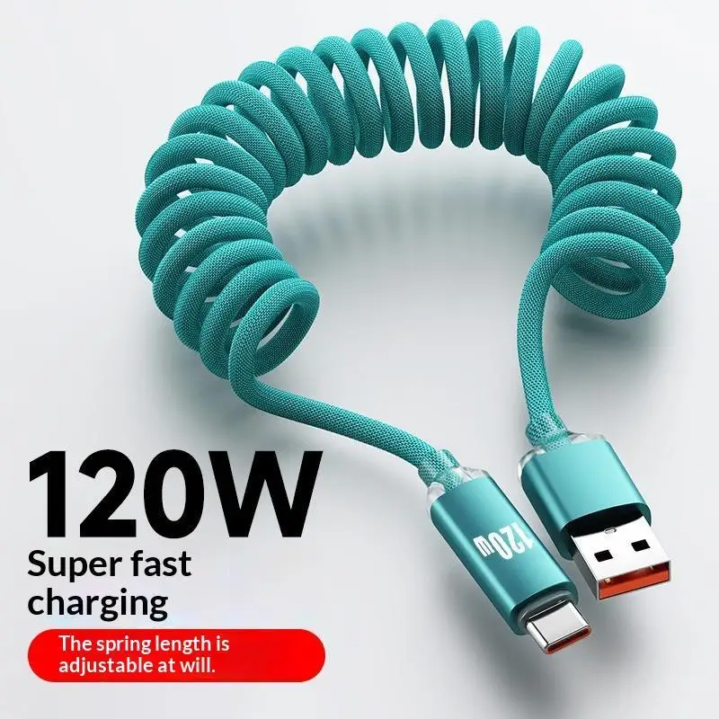 High Power 120W Telescopic Spring Car Charger Wire Dual Port USB A & Type C Fast Charge Cable For Mobile Travel Office Use