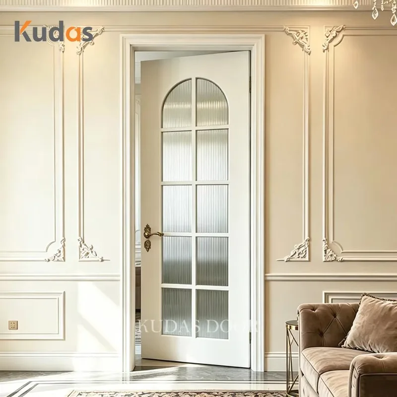 Modern French Arched Reeded Glass Interior Wooden Door White Painted Fluted Glass Privacy Swing Wood Door For Bathroom Bedroom