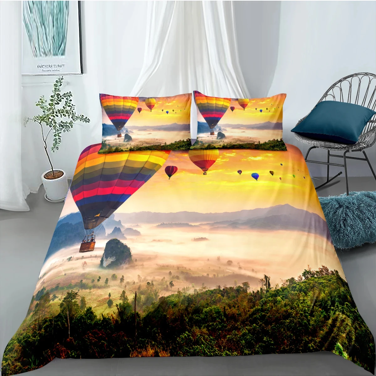 Hot Air Balloon King Queen Duvet Cover Alpine White Clouds Bedding Set Natural Scenery Mountains Forests Polyester Quilt Cover