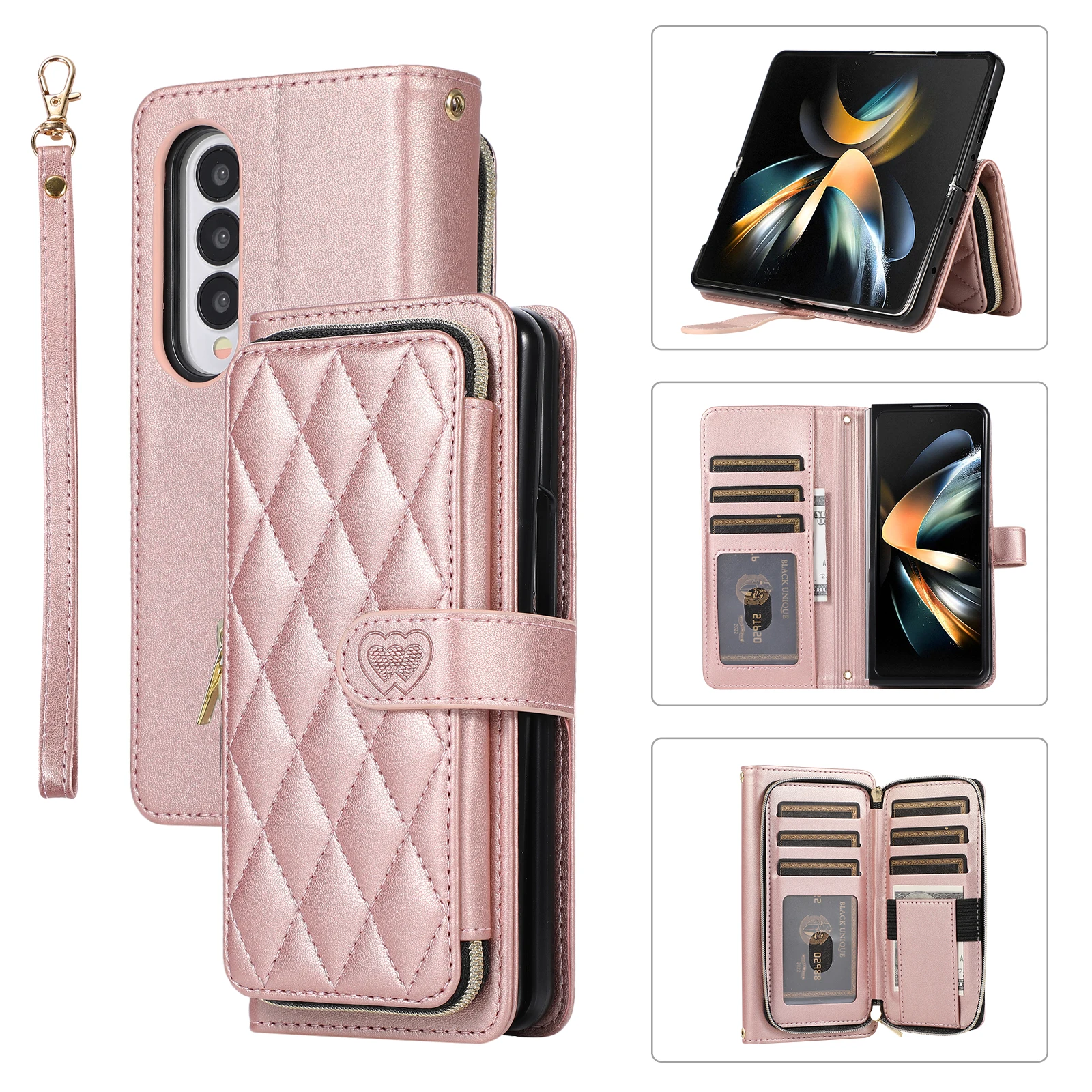 High Capacity Card Holder Wallet Case for Samsung Galaxy Z Fold 6 5 4 3 Fold5 Fold6 Crossbody Lanyard Zipper Buckle Magnet Cover