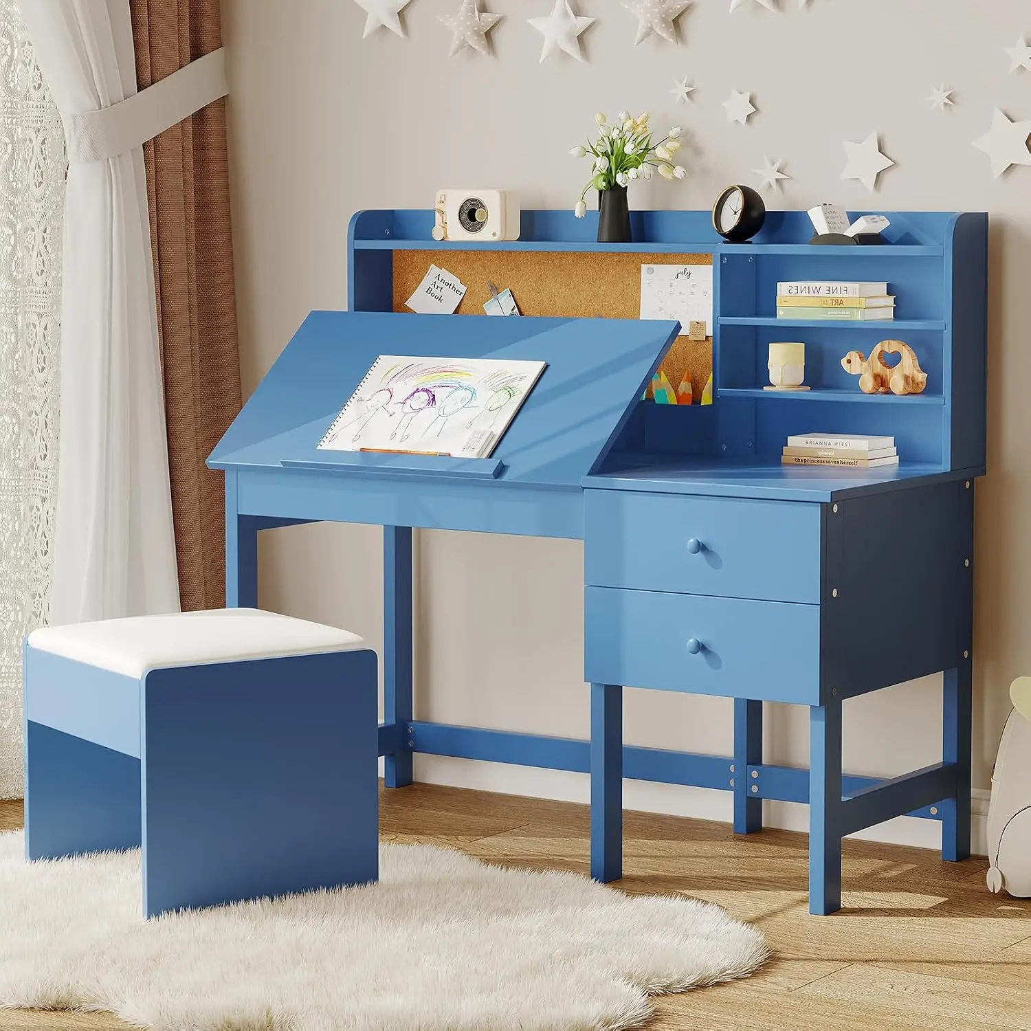 Adjustable Kids Desk and Chair Set with Tilt Desktop, Hutch, Drawers & Cork Board, Ergonomic Wooden Study Table for Boys and Girls Ages 3-8 Years