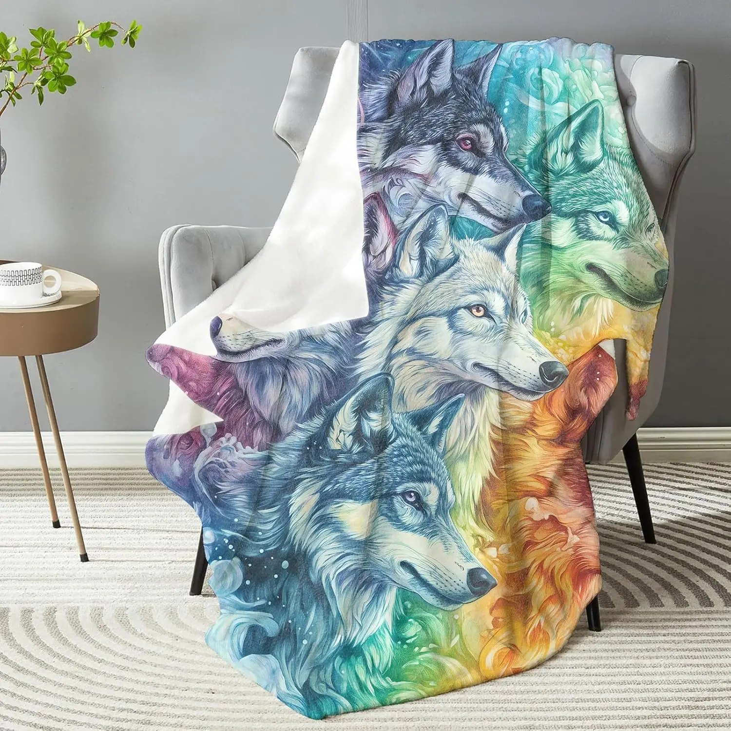 Colorful Wolf Galaxy Blanket,Decorative Throw with Multicolor Wildlife and Abstract Cosmic,Lightweight Flannel Blankets Picnic