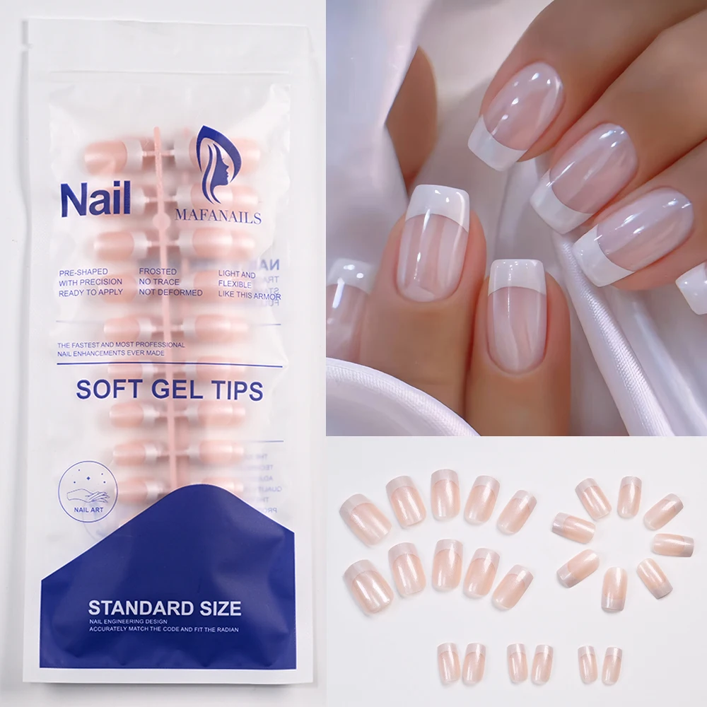 

120Pcs French Pearlescent Medium Square False Nails Glossy Acrylic Full Cover Fake Nails Tips Extension Wearable Press On Nails