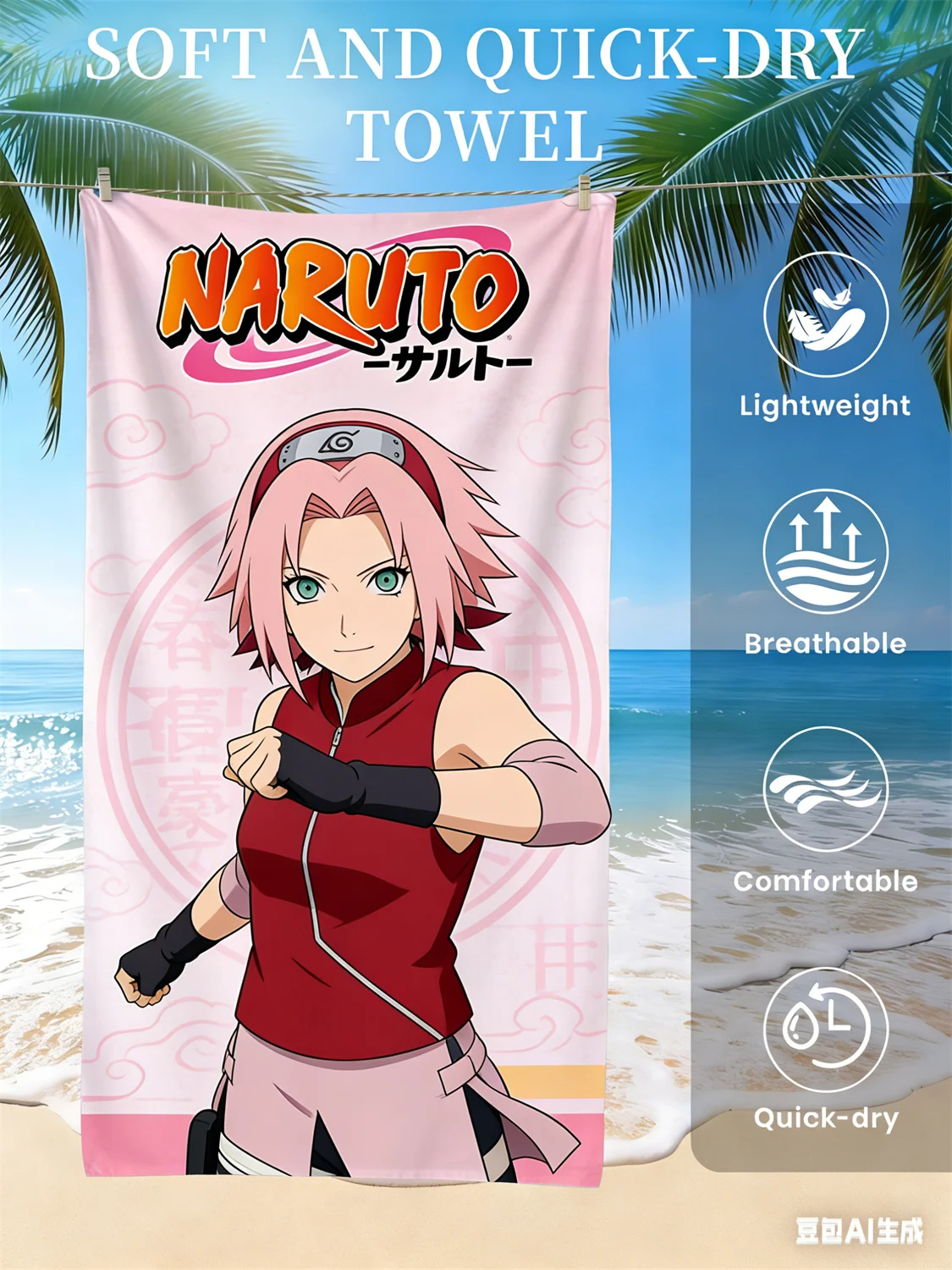 Naruto-Strandtuch, schnell trocknendes Handtuch mit Anime-Fan-Favoriten-Charakter-Aufdruck für Strand, Pool, Urlaub und Anime-Enthusiasten