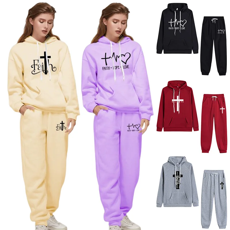 2023 Jesus Crucifix Faith Printed Pant Sets Women Hoodie Sweatpants Solid Color Tracksuit Ladies Daily Casual Sport Jogging Suit