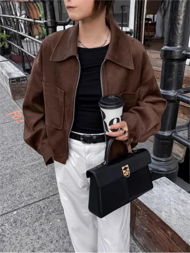 Retro Suede Short Jacket Women Autumn 2025 New Fashion Loose Casual Turn Down Collar Zipper Outerwear Street Chic Office Coat