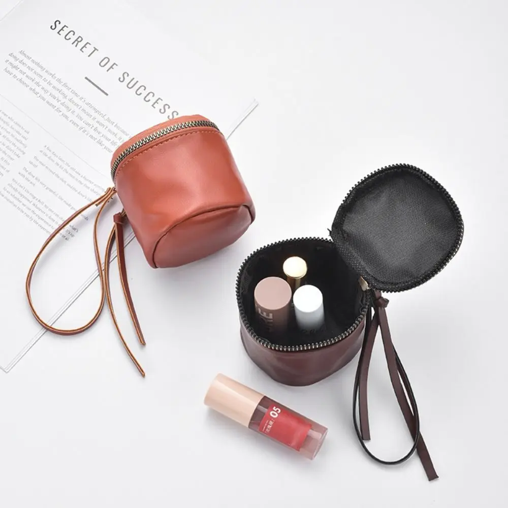 Casual Vintage Leather Mini Coin Purse Zipper Closure Portable Lipstick Storage Bag Round Shape Key Bag Small Item Storage