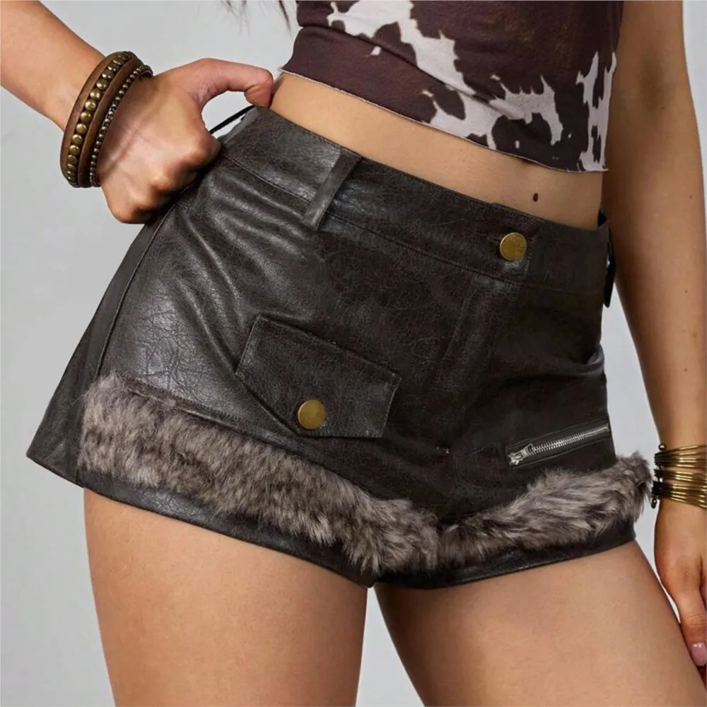 Dameskleding Trendy retro leren shorts Modieuze patchworkbroek Sexy all-match eenvoudige stijl Ritspakket Hip Bodycon