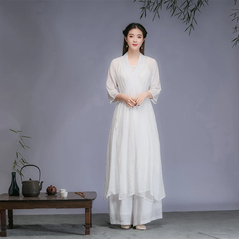 

Chic Women's Cotton Linen Dr Two-Piece Set Ancient Chinese Sle Fairy Aosphere Zen Spirit Tea Ceremony Costume Hanfu