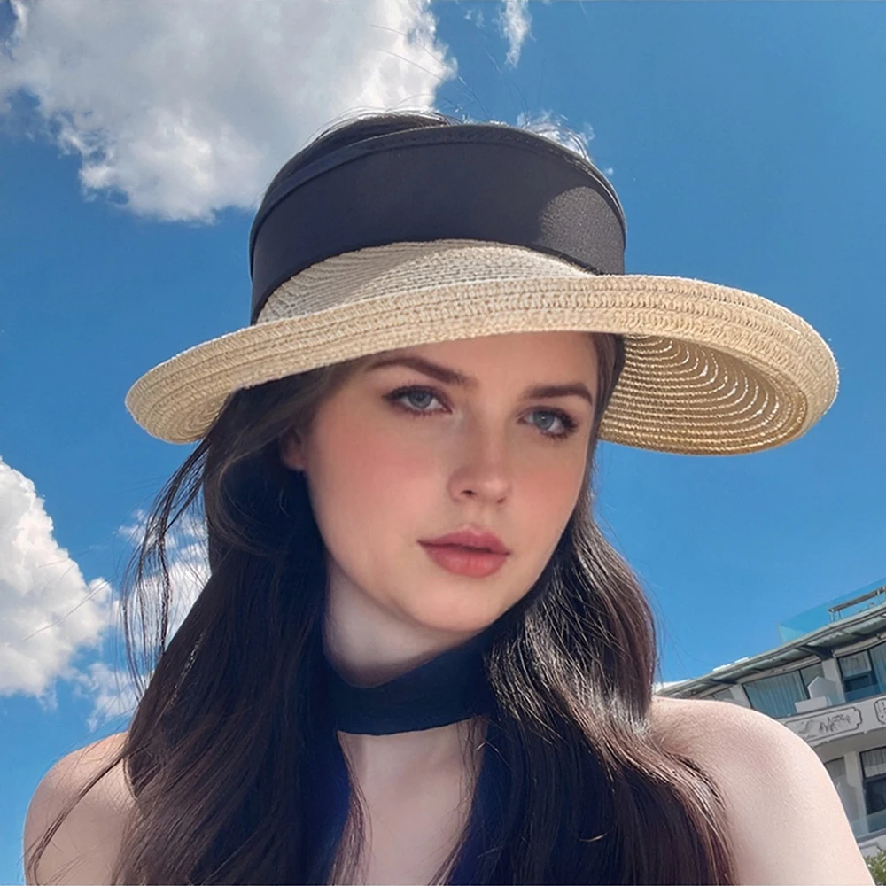 

Summer Women's Sunscreen Straw Hat Splicing Straw Shading Hollow Top Hat Stylish Rolled Edge Design Wider Brim Full Face Protect