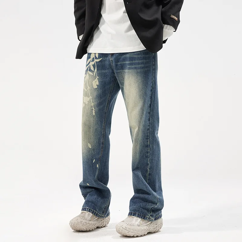 70S 90S New Flared Men'S Jeans Fashion Fashion Brand Printed Retro Loose Straight Leg Street Denim Trousers