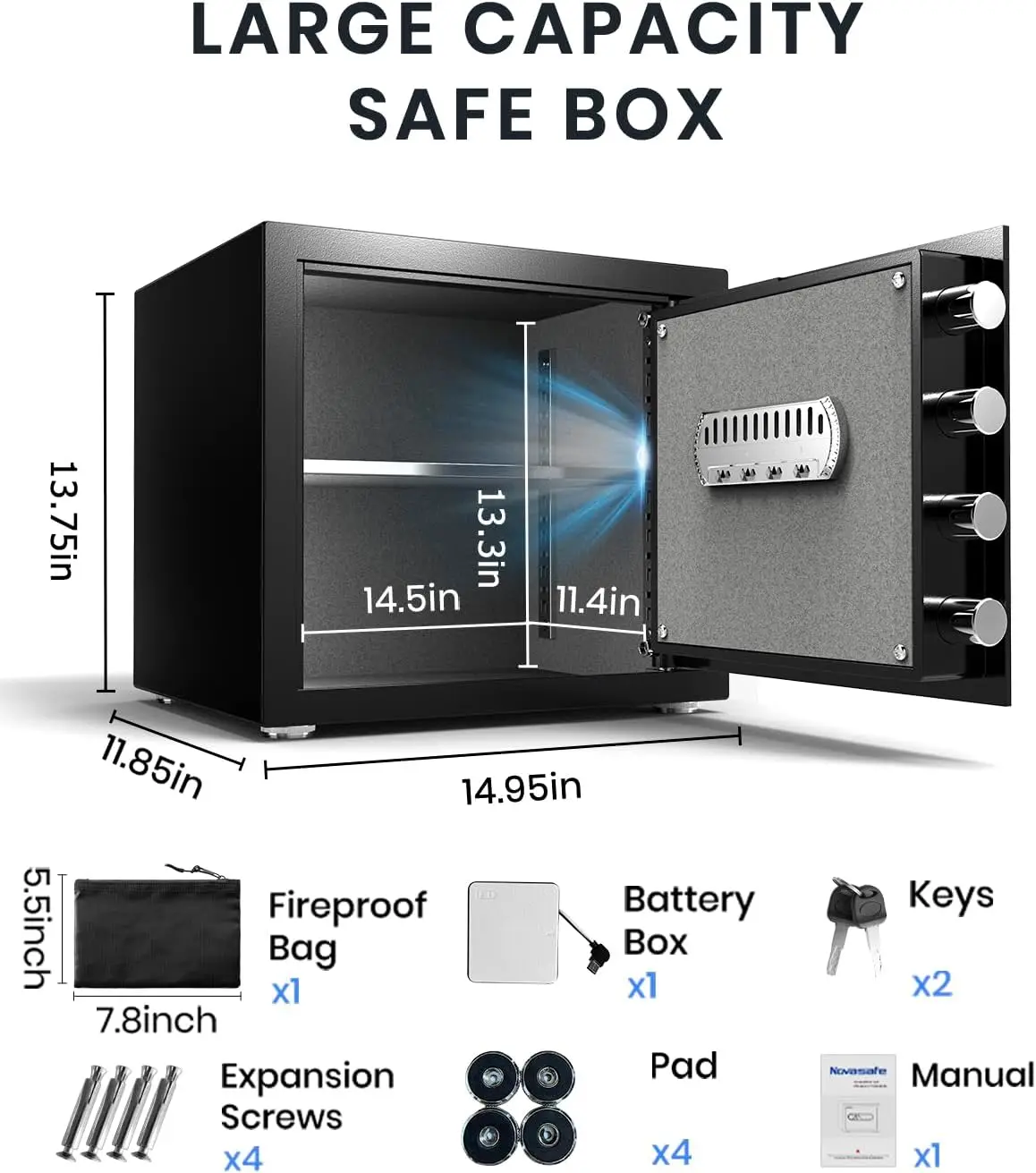 Biometric Safe, Fingerprint Home Safe Box with Fireproof Waterproof Bag & Key, 1.4 Cu ft Security Money Safe for Cash, Jewelry,