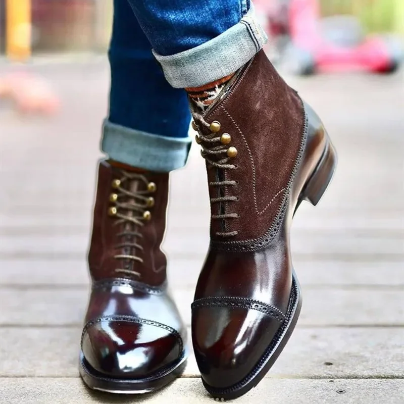 Men Short Boots Brown Bullock Flock Lace-up Square Toe Handmade Business Ankle Shoes for Men with Zapatos Hombre