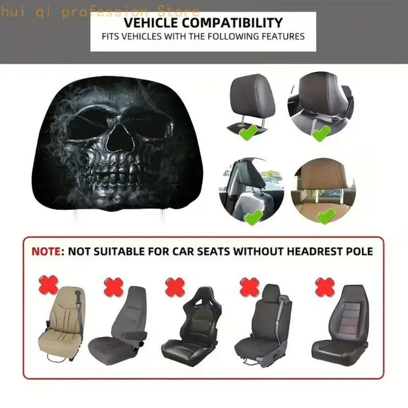 Kopfstützenbezug-Paar mit Totenkopf-Aufdruck, Auto-Kopfstützenbezüge für Vorderkabinen-Styling H8WE – Detail 2