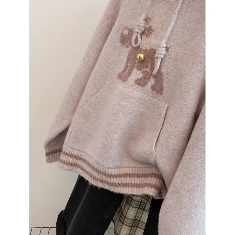 الوردي محبوك قناع السترة محبوك سترة للنساء الخريف الشتاء فضفاضة سميكة الراقية مقنعين البلوز لملابس خارجية #4