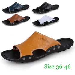 Big Size Men Slippers Summer Fashion Genuine Leather Casual Slides Street Fashion Beach Shoes Black Cow Leather Sandals