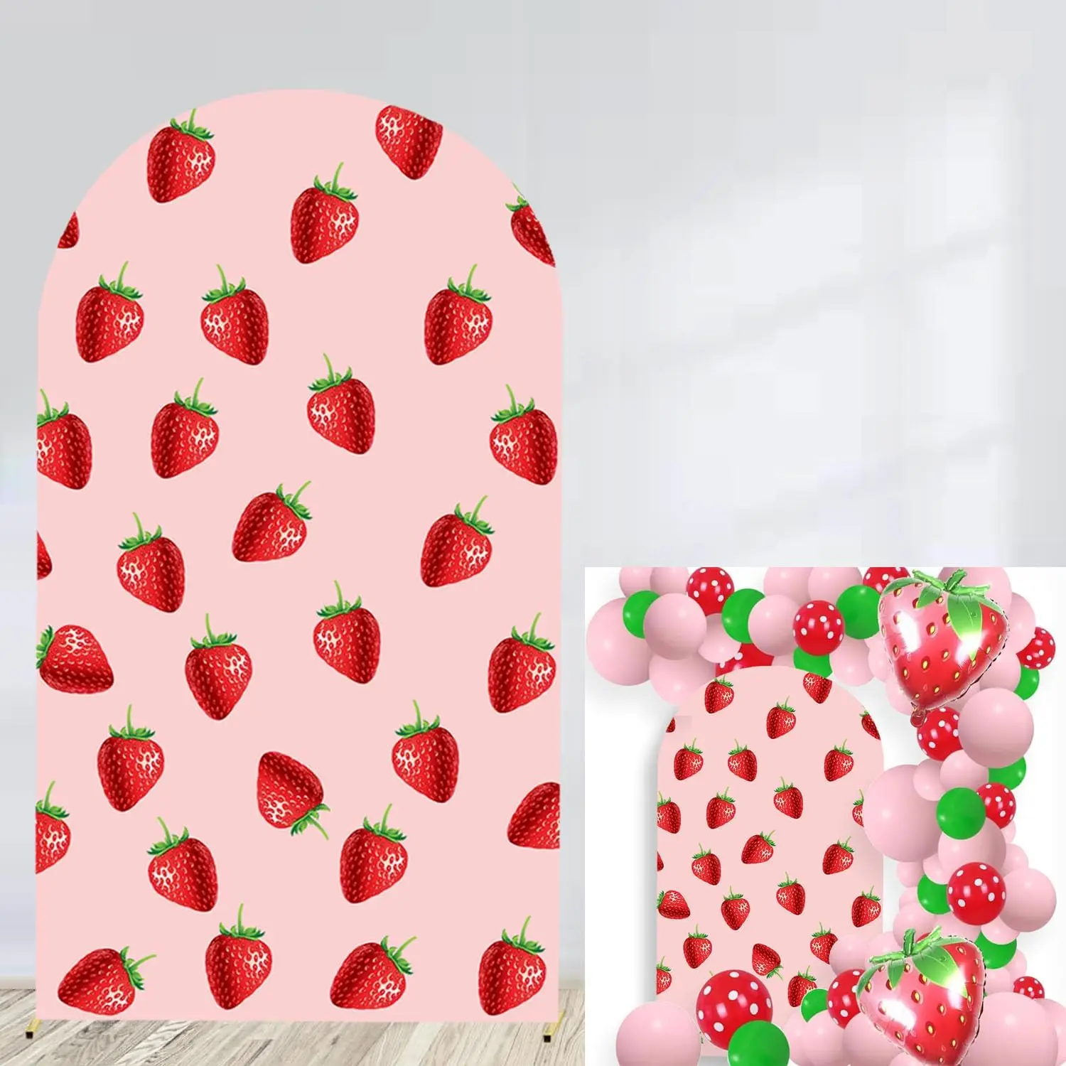 

LS Custom 2-Sided Strawberry Bow Berry First Girl Birthday Party Baby Shower Cover Chiara Arch Background Decor Backdrop
