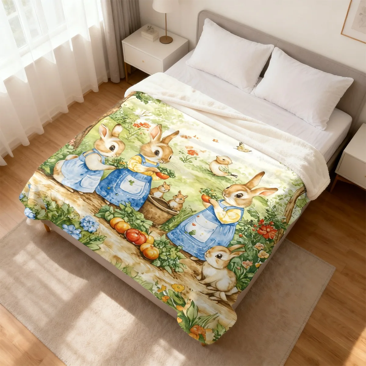 Custom Peter Rabbit Garden Fleece Blanket Personalized Name Text Bunny Vegetable Print Throw Soft Warm All Season Bedding Gift