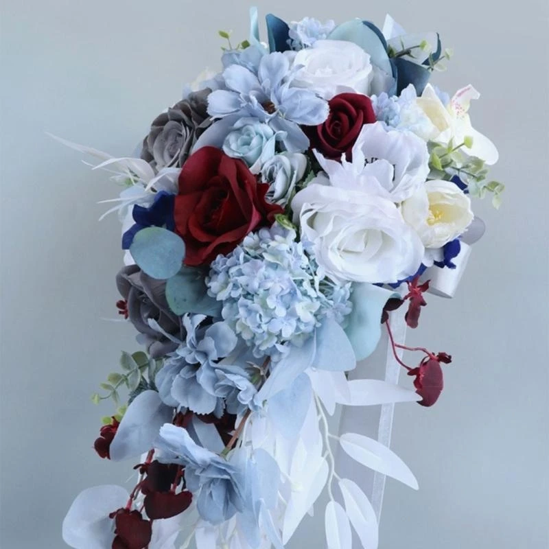 Wedding Bridal Bouquet, Bride Artificial Rose Flowers with Ribbon for Ceremony Anniversary Party Decorations 15UB