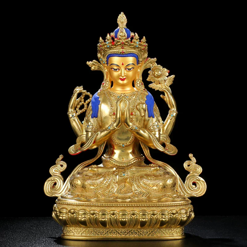 Four-Armed Guanyin Gilt Brass Statue, Tibetan Buddhist Chenrezig Figurine, Avalokitesvara Bodhisattva for Home Altar, 5 7-Inch