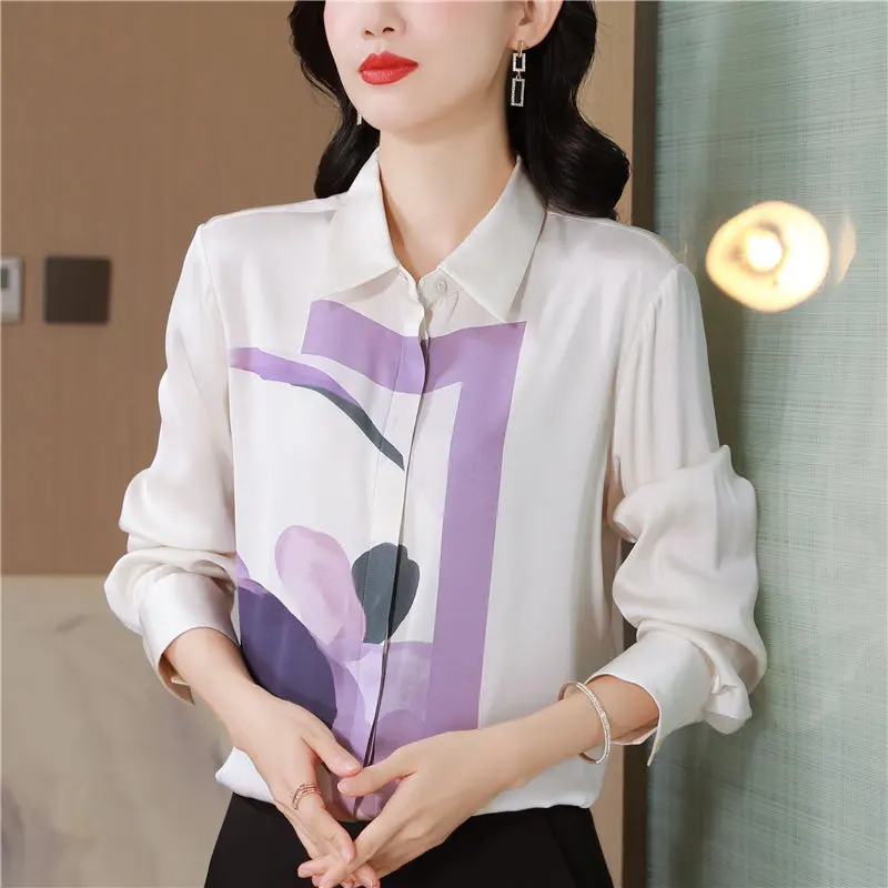 

Clothing Unique High-End Custom Printed Silk Shirt Long Sleeve WomenSpring New Turn-Down Coll