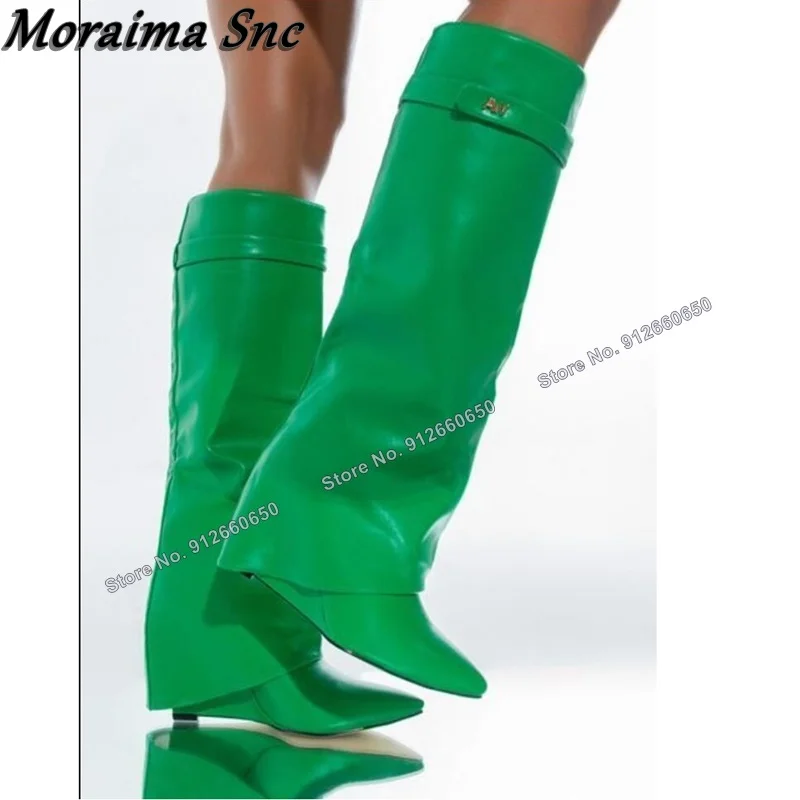 Moraima Snc Green Wedges High Heels Shark Boots Shoes for Women Solid Knee High Botas Sexy Orange Fashion Runway Shoes on Heels