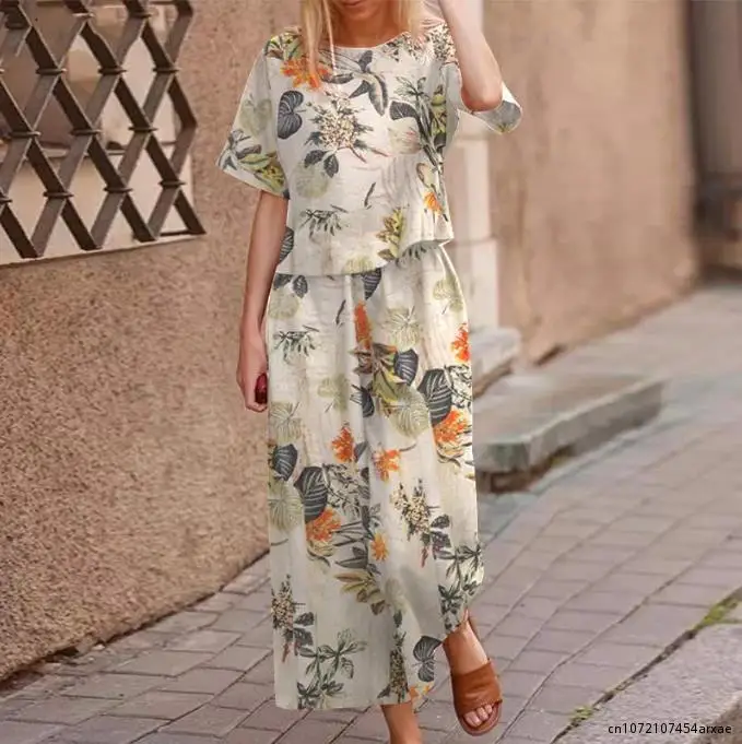 Chándal Floral de pierna ancha para mujer, conjuntos de algodón a juego, pantalón de manga corta con estampado bohemio, informal, verano, 2023