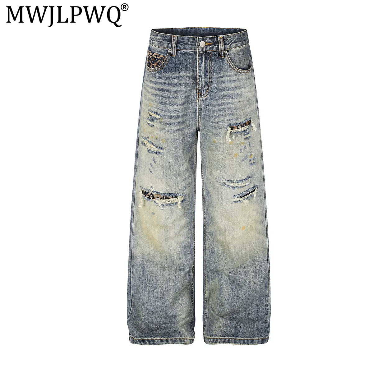 MWJLPWQ American Retro Washed Distressed Jeans Male Leopard Print Pocket Design Autumn Unique Clean-Fit Wide-Leg Pants 20781