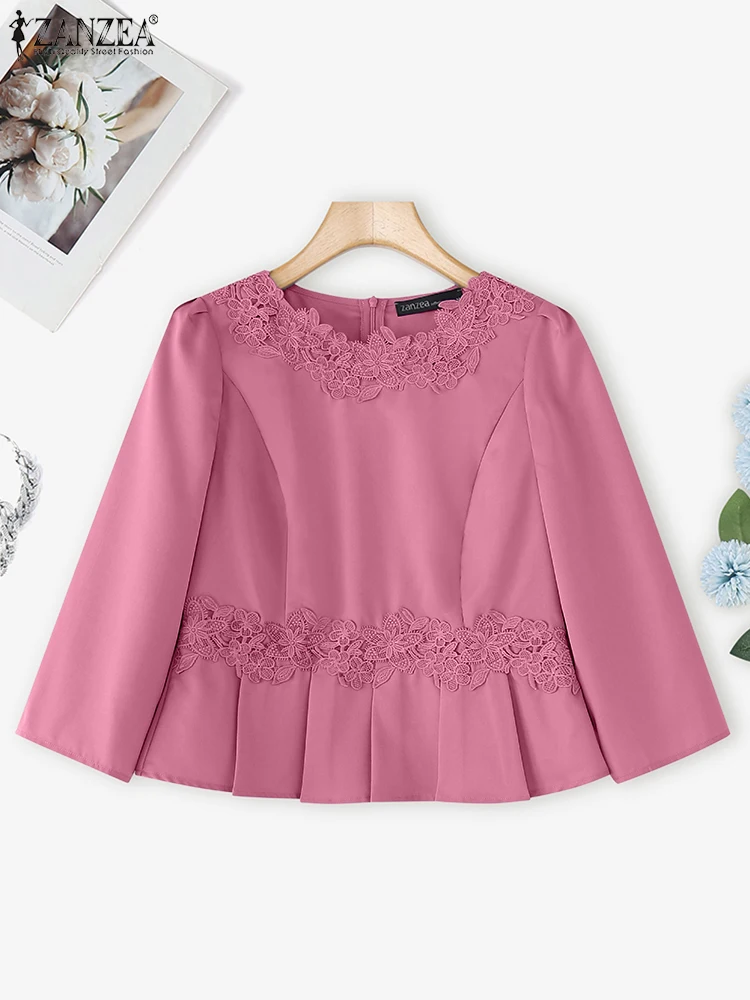 

ZANZEA Women Elegant Blouses 2025 Autumn Fashion Lace Patchwork Round Neck 3/4 Sleeve Blusas Mujer Solid Ruffled Hem Peplum Tops