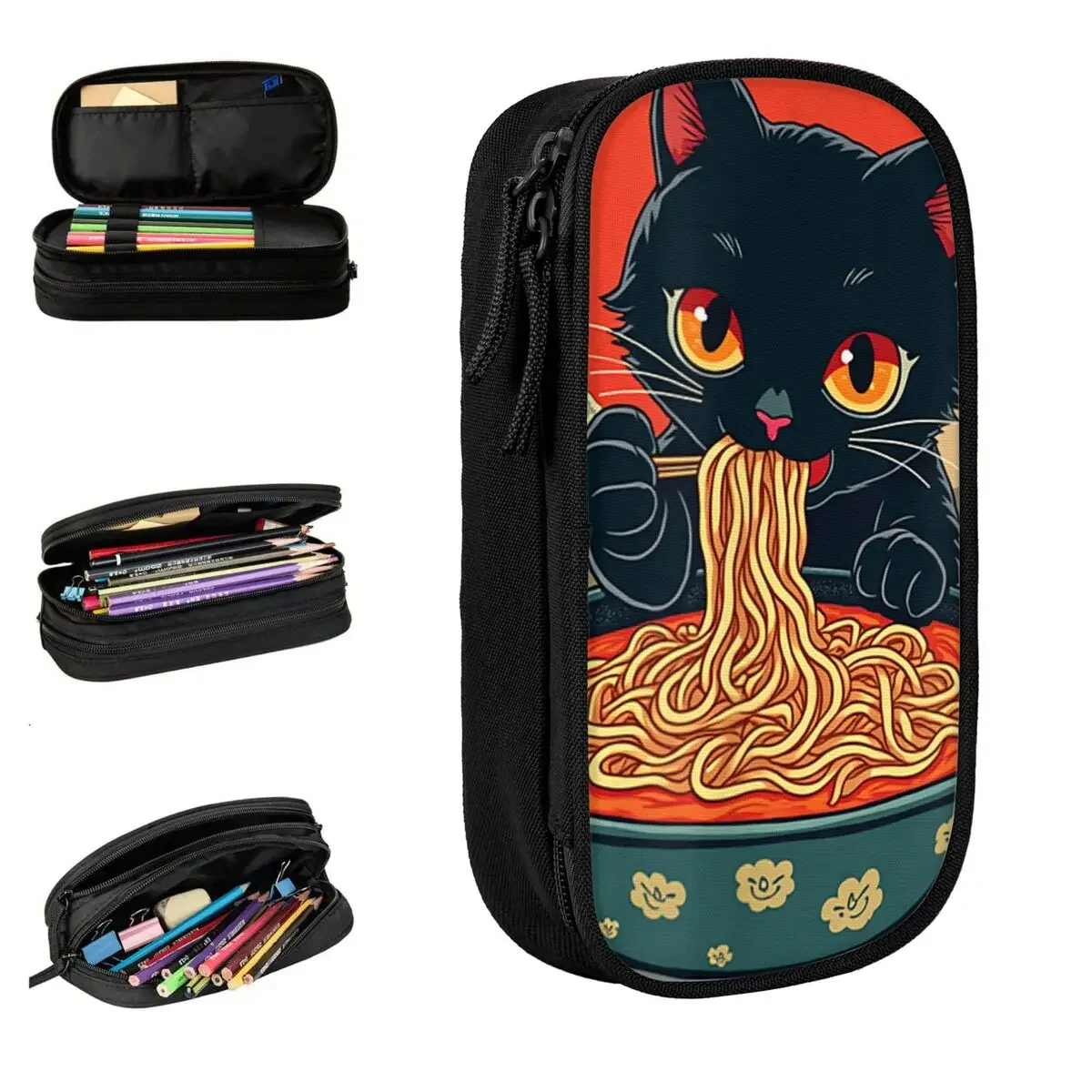 Japanese Black Cat Ramen Pencil Case Cute Kawaii Noodle Cat Pen Box Bag Kids Big Capacity School Supplies Cosmetic Pencilcases