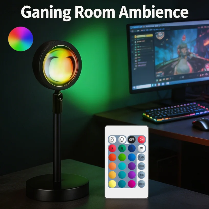 

RGB Sunset Projector Lamp with 24Key Remote 16 Colors LED Night Light USB Adjustable Atmosphere Light for Party Photography