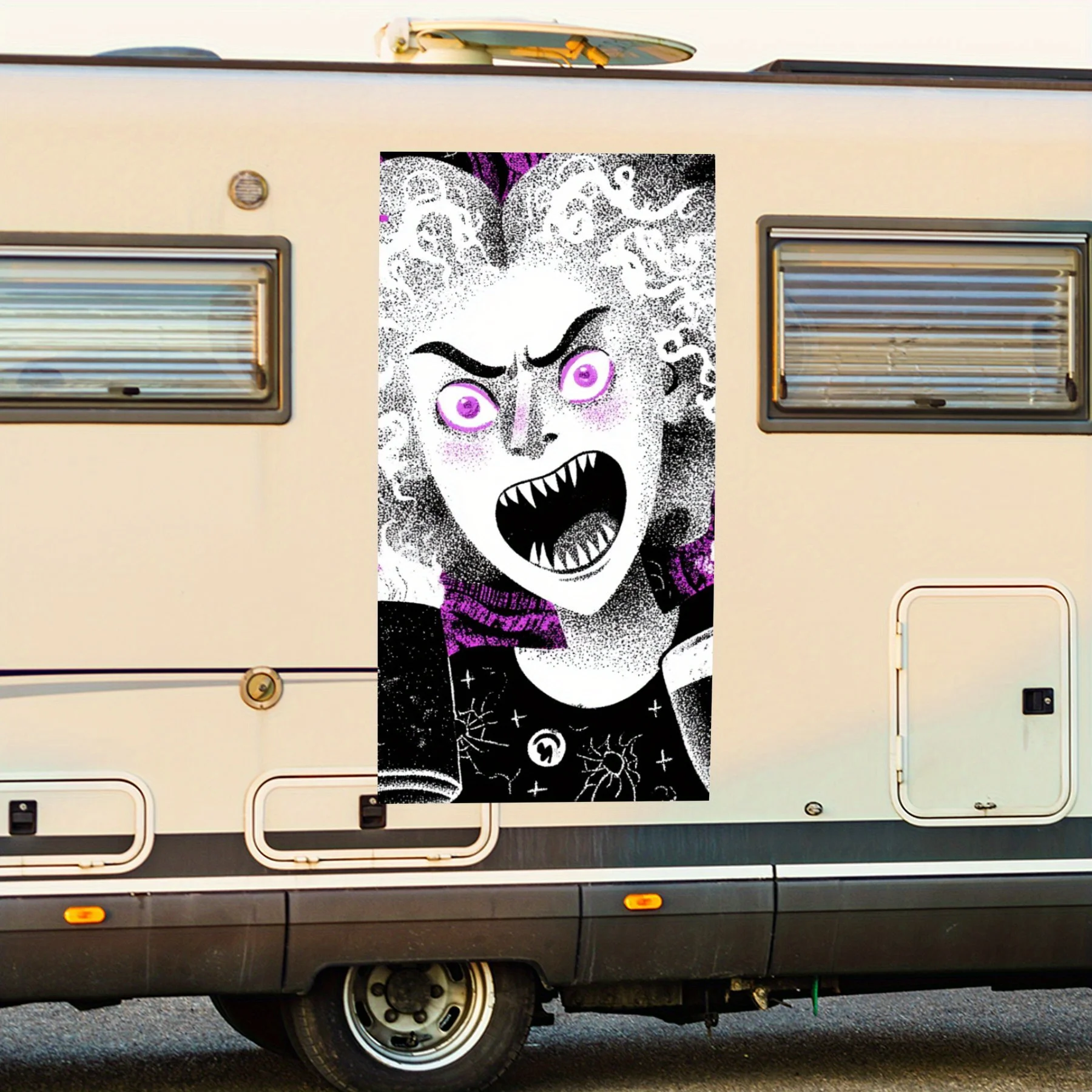 

Horror Character with Purple Eyes,Waterproof Vinyl Decal for RV Side, Self - Adhesive Stickers to Decorate & Protect RV Body, Pe