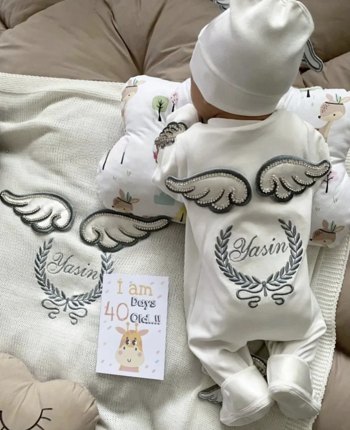 Dollbling Hospital Exit 3pcs Embroidery Name Newborn Angle Wings Romper Blanket  Nursery Bedding Swaddle Handmade Infant Outfit