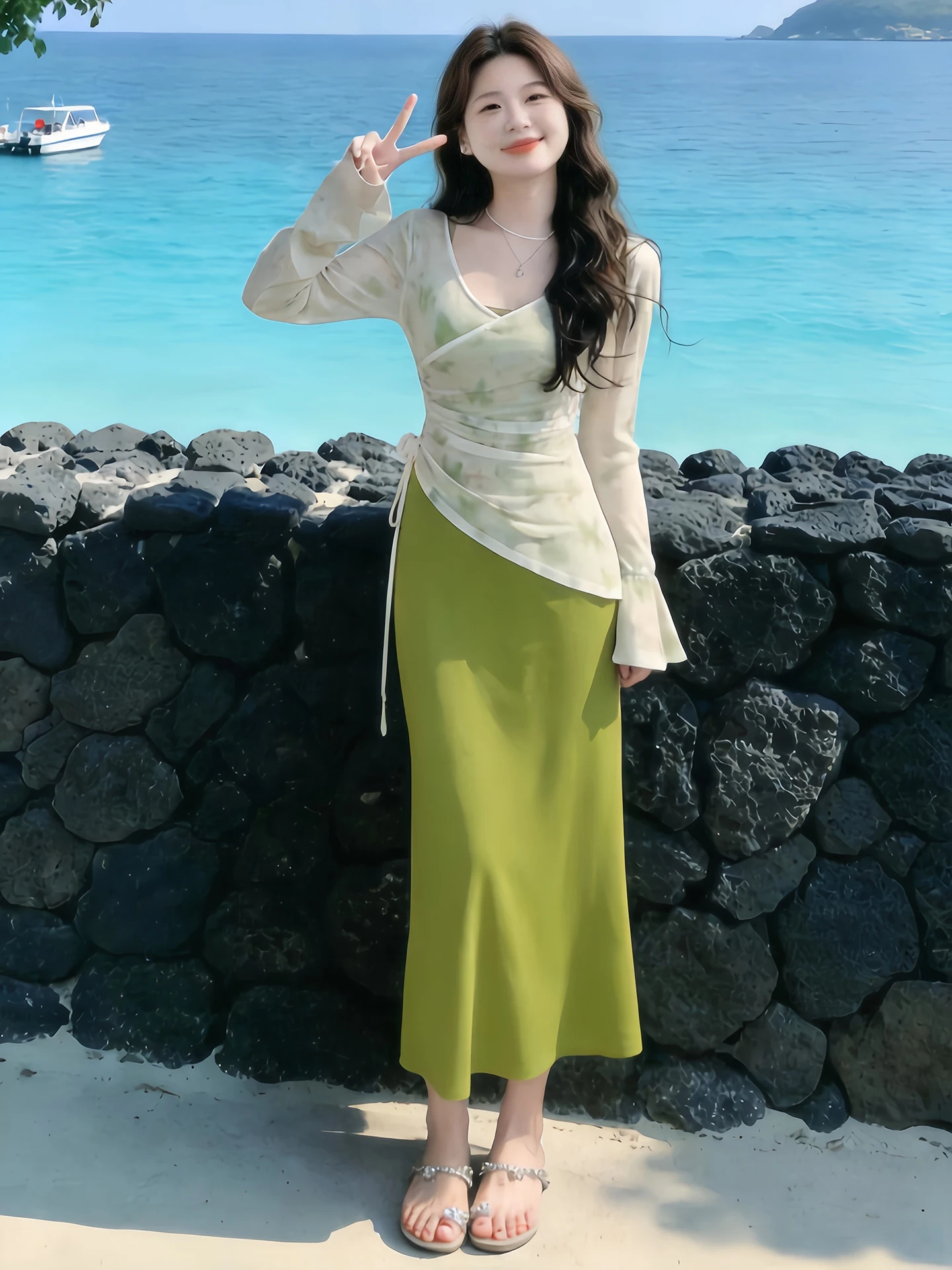 

Elegant Green Long Strapless Dress Slimming Pure Desire Style High-End Feeling Set New Chinese Fashion Women's Clothing