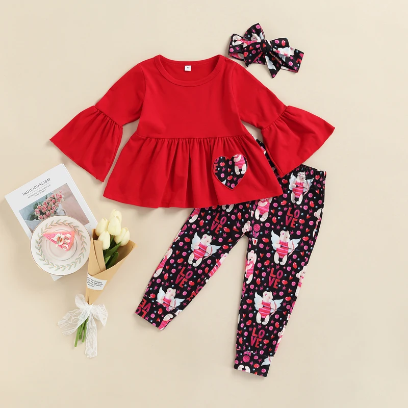 Women s Three-Piece Outfit Bell Sleeve Crew Neck Blouse Cute Bear Pattern Trousers Matching Headband