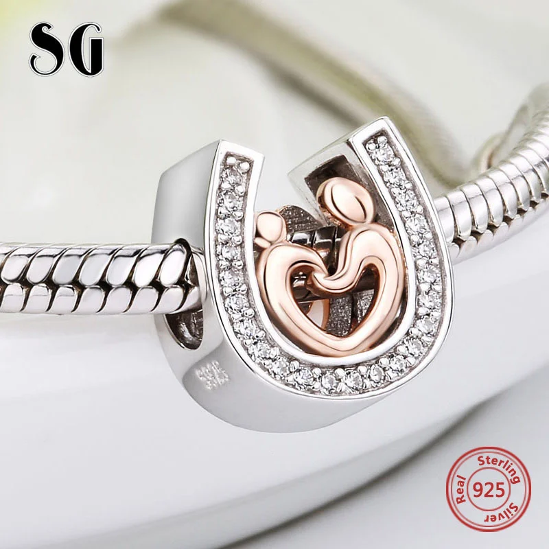 Silver 925 horseshoe CZ Charms diy Mom and son hand in hand Beads Fit Original Europe Bracelet pendant Jewelry making gifts